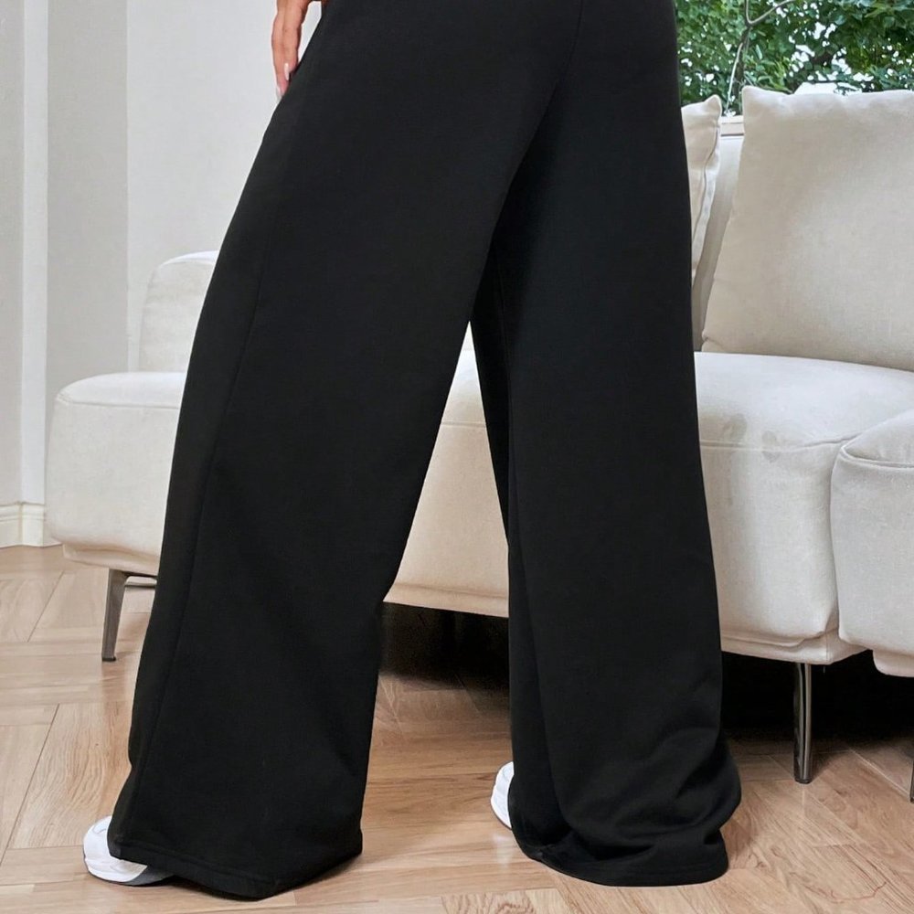 Black Preppy Womens Solid Asymmetrical Wide Leg Sweatpants - Picture 3 of 5